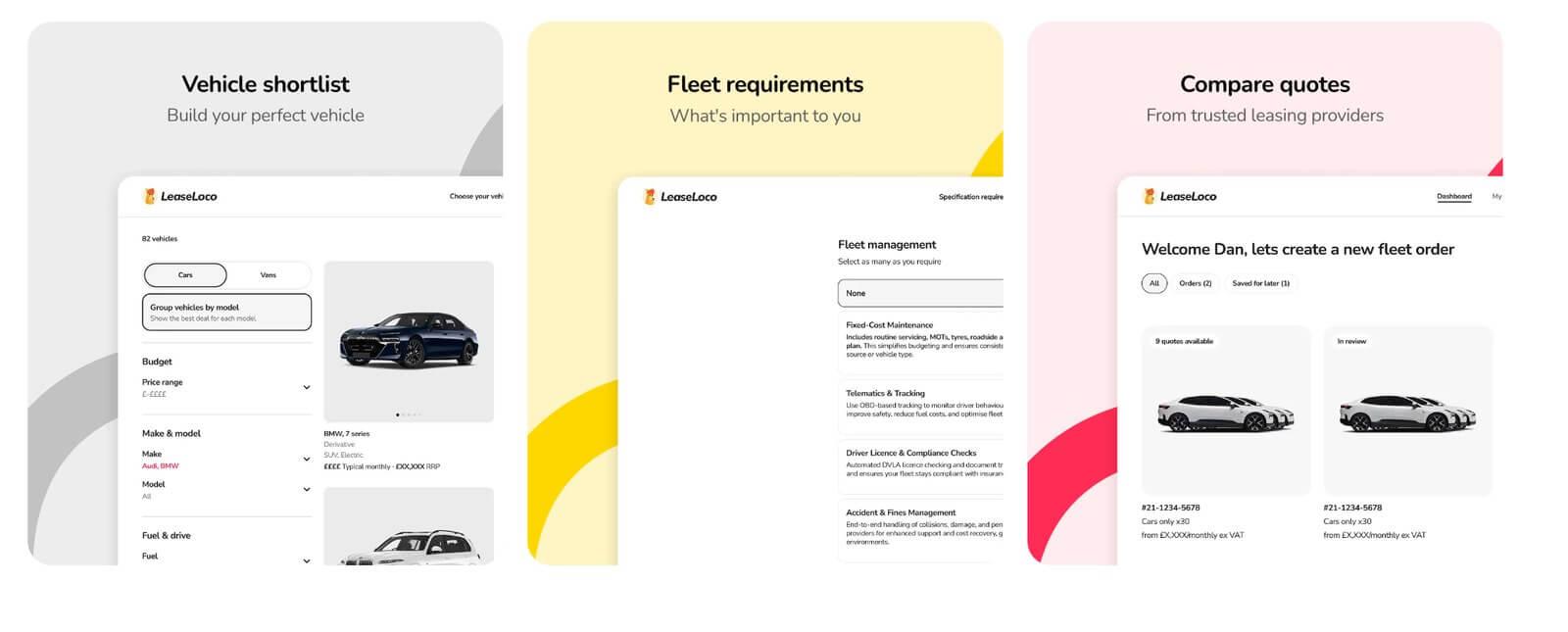 LeaseLoco Fleet product screens showing vehicle shortlisting, fleet requirements and quote comparison